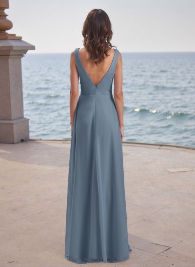 A-Line V-Neck Sleeveless Chiffon Floor-Length Bridesmaid Dress With Split Front Pleated