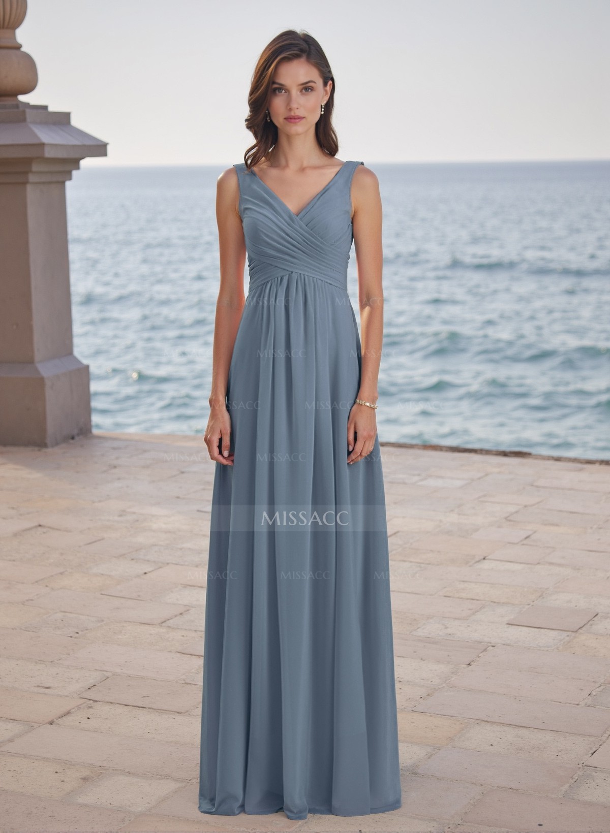 A-Line V-Neck Sleeveless Chiffon Floor-Length Bridesmaid Dress With Split Front Pleated