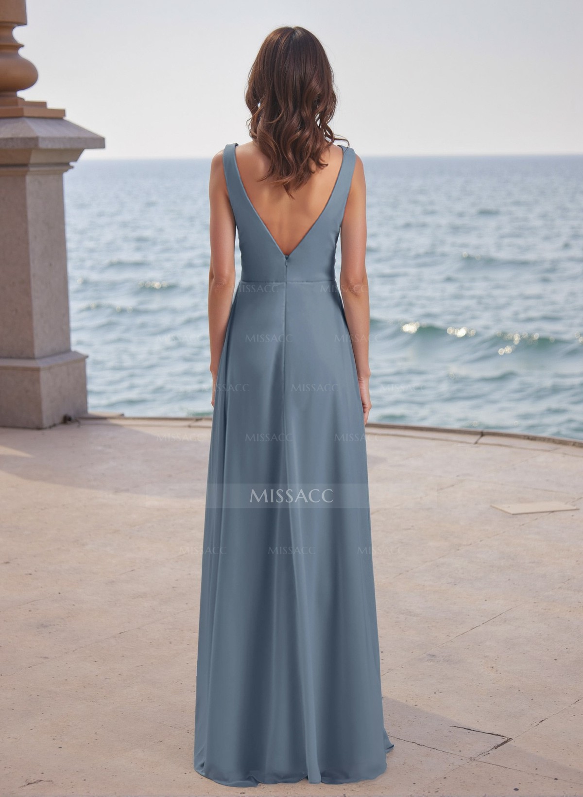 A-Line V-Neck Sleeveless Chiffon Floor-Length Bridesmaid Dress With Split Front Pleated