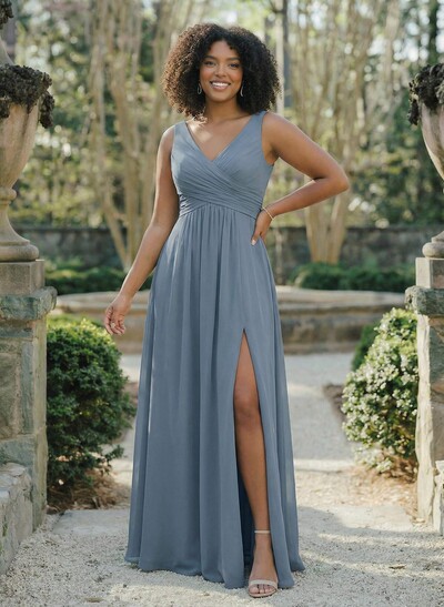 A-Line V-Neck Sleeveless Chiffon Floor-Length Bridesmaid Dress With Split Front Pleated