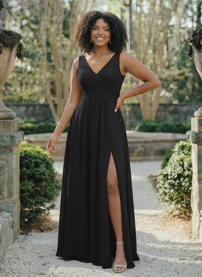 A-Line V-Neck Sleeveless Chiffon Floor-Length Bridesmaid Dress With Split Front Pleated