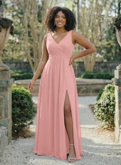 A-Line V-Neck Sleeveless Chiffon Floor-Length Bridesmaid Dress With Split Front Pleated