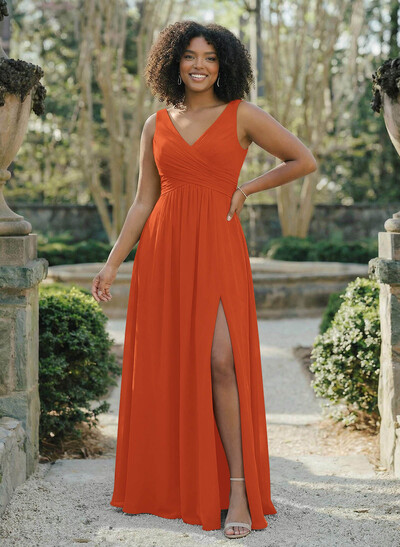 A-Line V-Neck Sleeveless Chiffon Floor-Length Bridesmaid Dress With Split Front Pleated