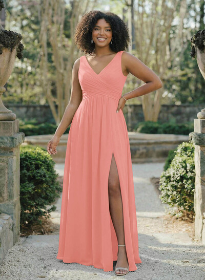 A-Line V-Neck Sleeveless Chiffon Floor-Length Bridesmaid Dress With Split Front Pleated