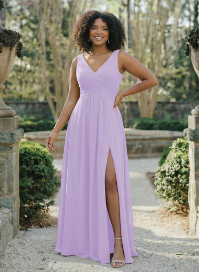 A-Line V-Neck Sleeveless Chiffon Floor-Length Bridesmaid Dress With Split Front Pleated