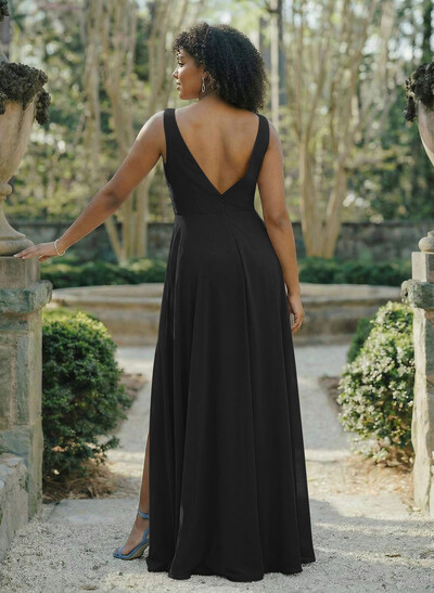 A-Line V-Neck Sleeveless Chiffon Floor-Length Bridesmaid Dress With Split Front Pleated