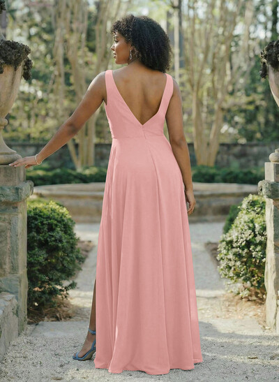 A-Line V-Neck Sleeveless Chiffon Floor-Length Bridesmaid Dress With Split Front Pleated