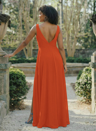 A-Line V-Neck Sleeveless Chiffon Floor-Length Bridesmaid Dress With Split Front Pleated