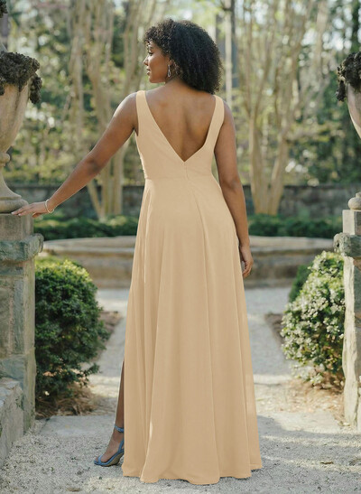 A-Line V-Neck Sleeveless Chiffon Floor-Length Bridesmaid Dress With Split Front Pleated