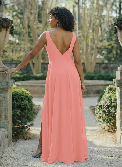 A-Line V-Neck Sleeveless Chiffon Floor-Length Bridesmaid Dress With Split Front Pleated