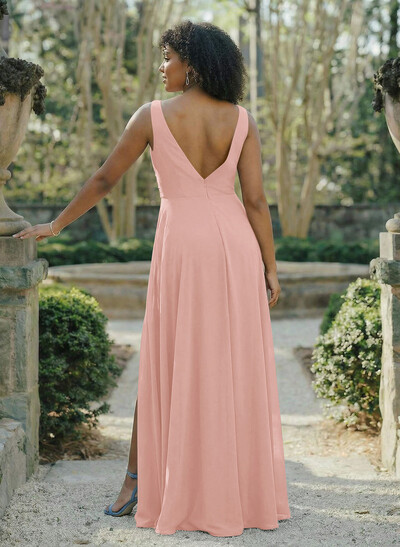 A-Line V-Neck Sleeveless Chiffon Floor-Length Bridesmaid Dress With Split Front Pleated