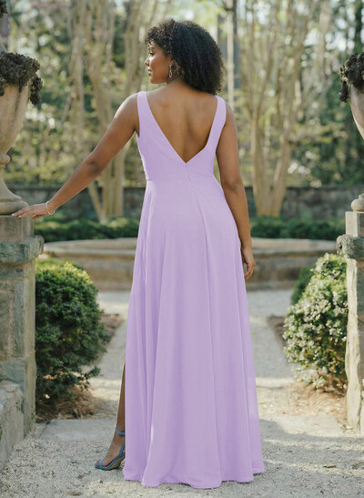 A-Line V-Neck Sleeveless Chiffon Floor-Length Bridesmaid Dress With Split Front Pleated