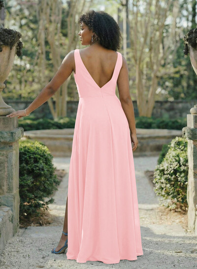 A-Line V-Neck Sleeveless Chiffon Floor-Length Bridesmaid Dress With Split Front Pleated