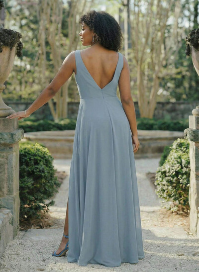 A-Line V-Neck Sleeveless Chiffon Floor-Length Bridesmaid Dress With Split Front Pleated