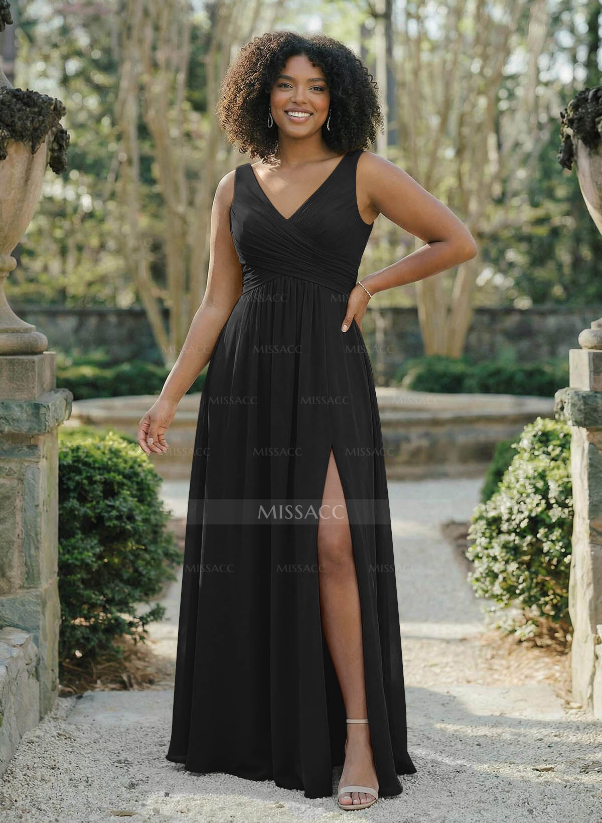 A-Line V-Neck Sleeveless Chiffon Floor-Length Bridesmaid Dress With Split Front Pleated