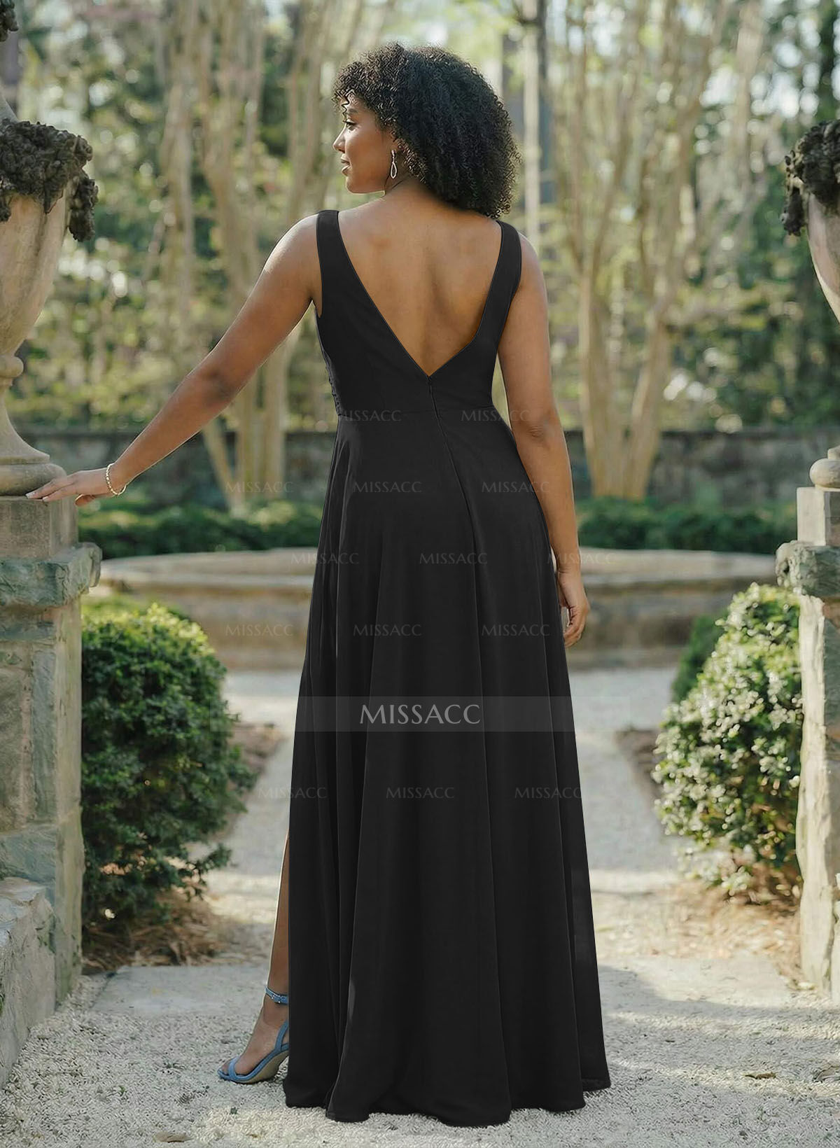 A-Line V-Neck Sleeveless Chiffon Floor-Length Bridesmaid Dress With Split Front Pleated