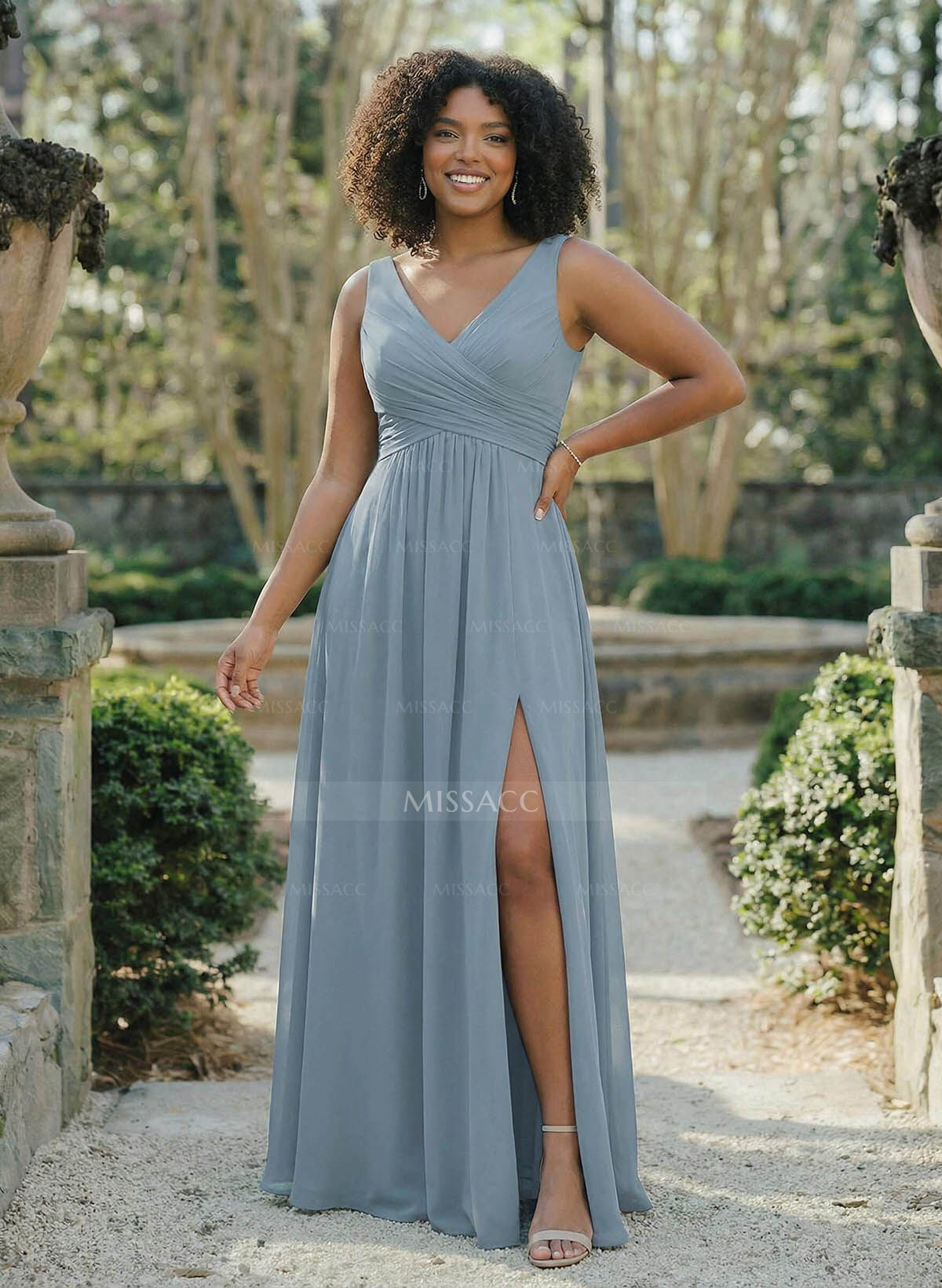 A-Line V-Neck Sleeveless Chiffon Floor-Length Bridesmaid Dress With Split Front Pleated