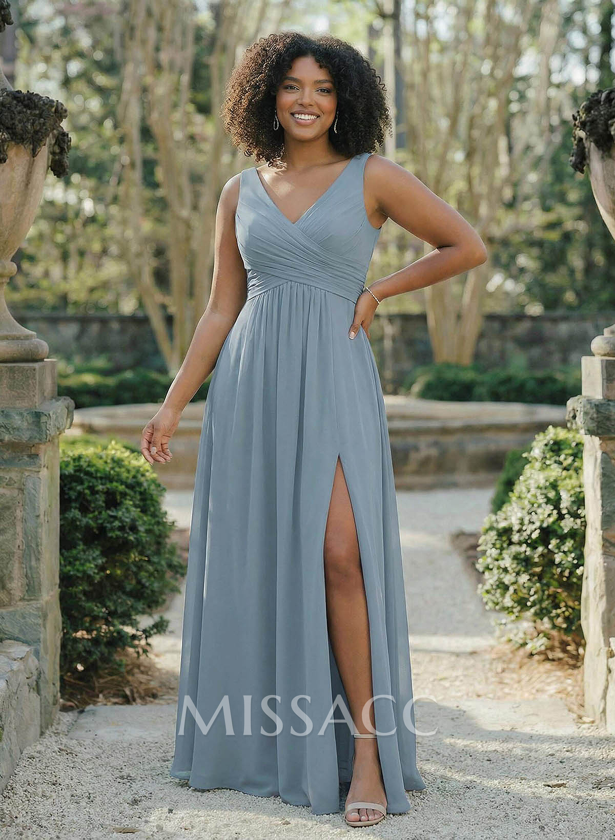 A-Line V-Neck Sleeveless Chiffon Floor-Length Bridesmaid Dress With Split Front Pleated A-Line V-Neck Sleeveless Chiffon Floor-Length Bridesmaid Dress With Split Front Pleated