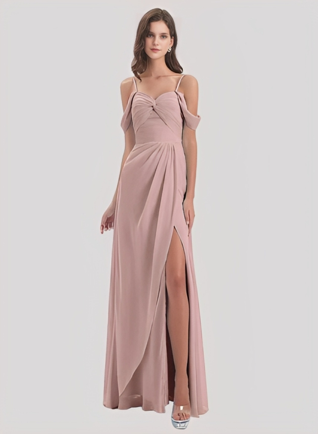 A-Line Off-the-Shoulder Sleeveless Chiffon Floor-Length Bridesmaid Dress With Split Front