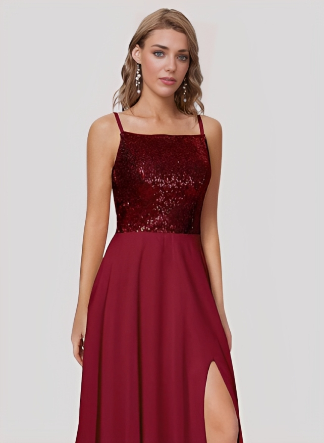 A-Line Square Neckline Sleeveless Chiffon Sequined Floor-Length Bridesmaid Dress With Split Front Sequins
