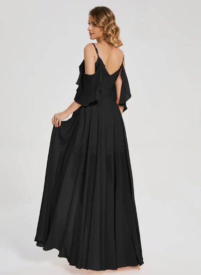 A-Line V-Neck Short sleeves Chiffon Floor-Length Bridesmaid Dress With Split Front Cascading Ruffles