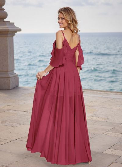 A-Line V-Neck Short Sleeves Chiffon Floor-Length Bridesmaid Dress With Split Front Cascading Ruffles