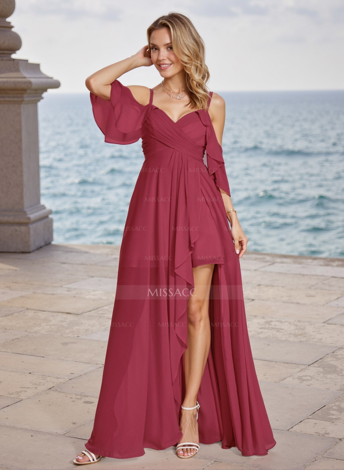 A-Line V-Neck Short Sleeves Chiffon Floor-Length Bridesmaid Dress With Split Front Cascading Ruffles