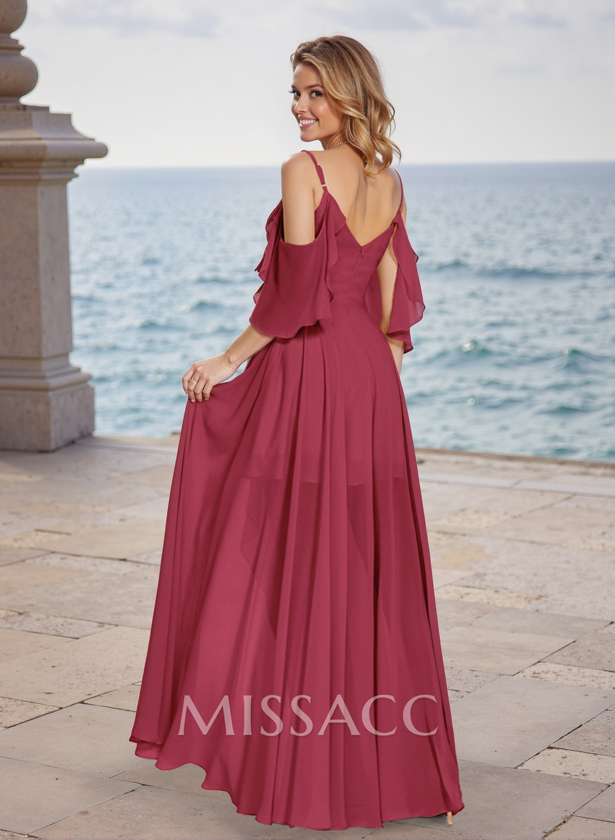 A-Line V-Neck Short Sleeves Chiffon Floor-Length Bridesmaid Dress With Split Front Cascading Ruffles