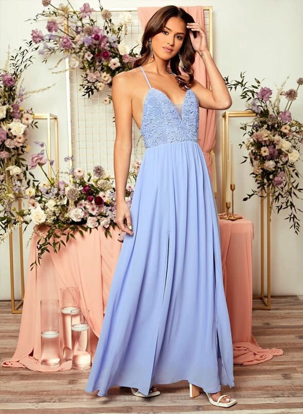 A-Line V-Neck Floor-Length Chiffon Bridesmaid Dress With Lace