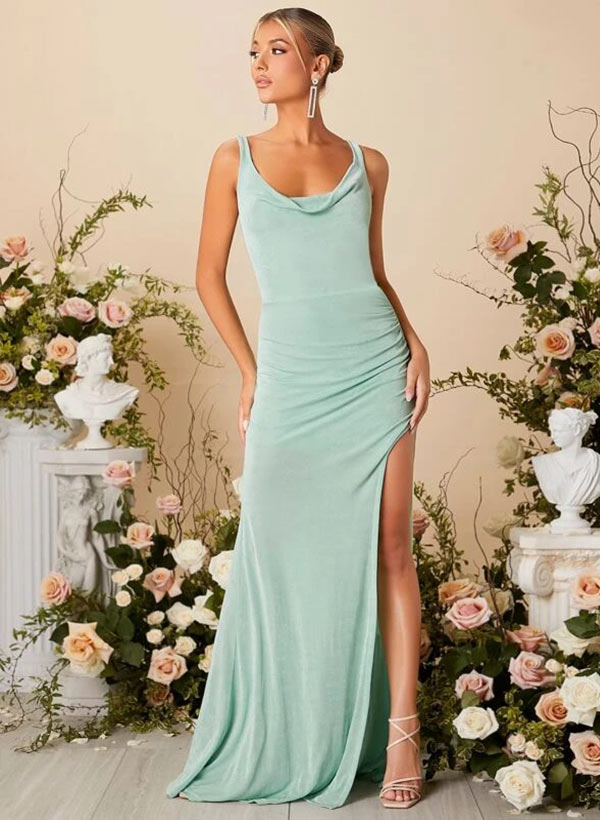 Sheath/Column Cowl Neck Floor-Length Chiffon Bridesmaid Dress 