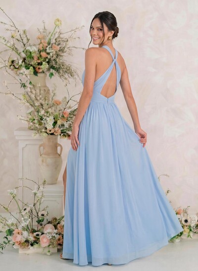 A-Line Halter Floor-Length Chiffon Bridesmaid Dress