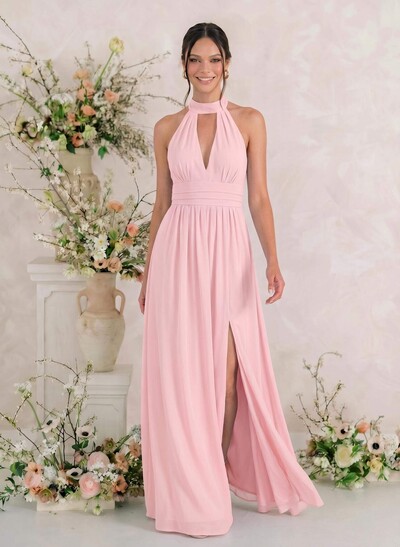 A-Line Halter Floor-Length Chiffon Bridesmaid Dress
