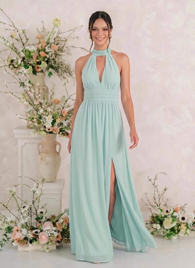 A-Line Halter Floor-Length Chiffon Bridesmaid Dress