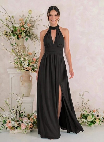 A-Line Halter Floor-Length Chiffon Bridesmaid Dress