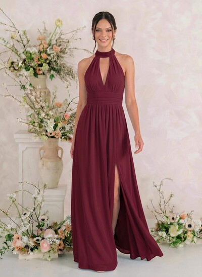A-Line Halter Floor-Length Chiffon Bridesmaid Dress