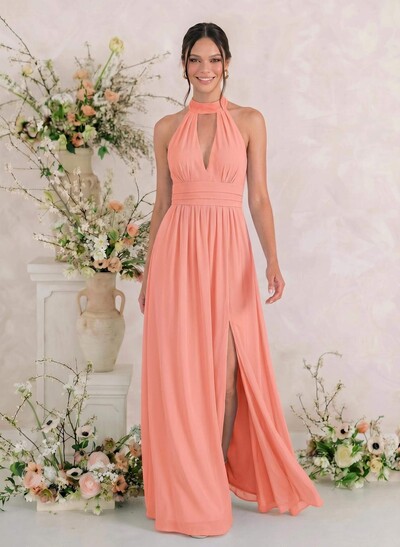A-Line Halter Floor-Length Chiffon Bridesmaid Dress