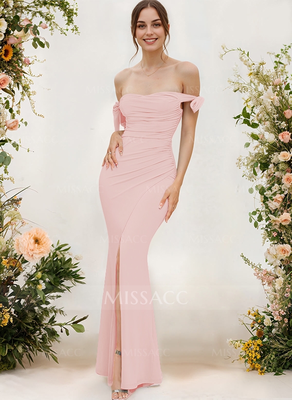 Abito Damigella D'Onore Lungo Senza Spalle In Chiffon - Linea A, Con Lacci, Reggiseno Integrato