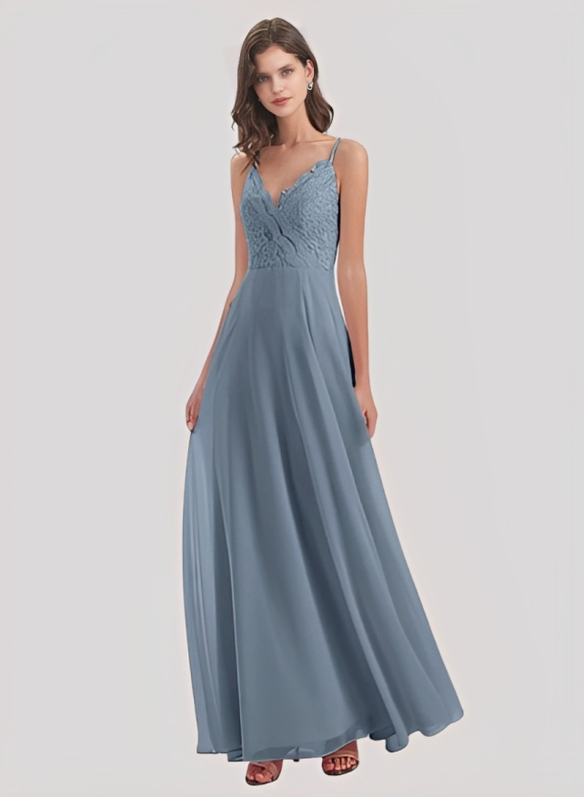 Sheath/Column V-Neck Sleeveless Chiffon Lace Floor-Length Bridesmaid Dress With Lace Pleated
