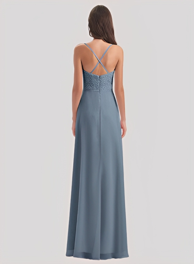 Sheath/Column V-Neck Sleeveless Chiffon Lace Floor-Length Bridesmaid Dress With Lace Pleated