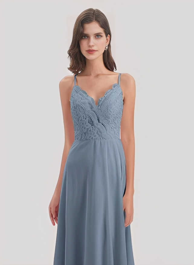 Sheath/Column V-Neck Sleeveless Chiffon Lace Floor-Length Bridesmaid Dress With Lace Pleated