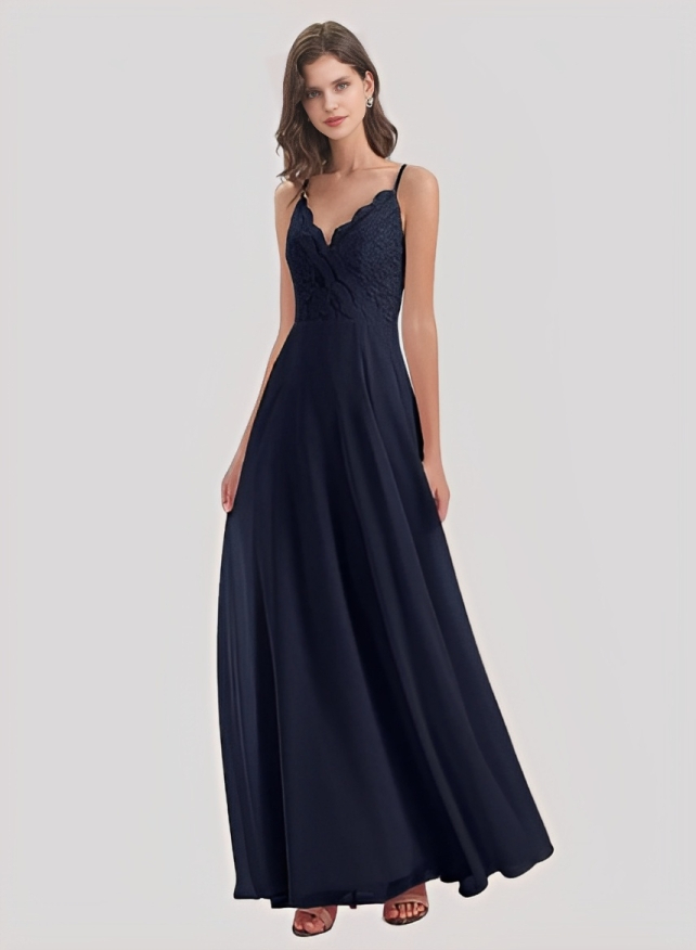 Sheath/Column V-Neck Sleeveless Chiffon Lace Floor-Length Bridesmaid Dress With Lace Pleated