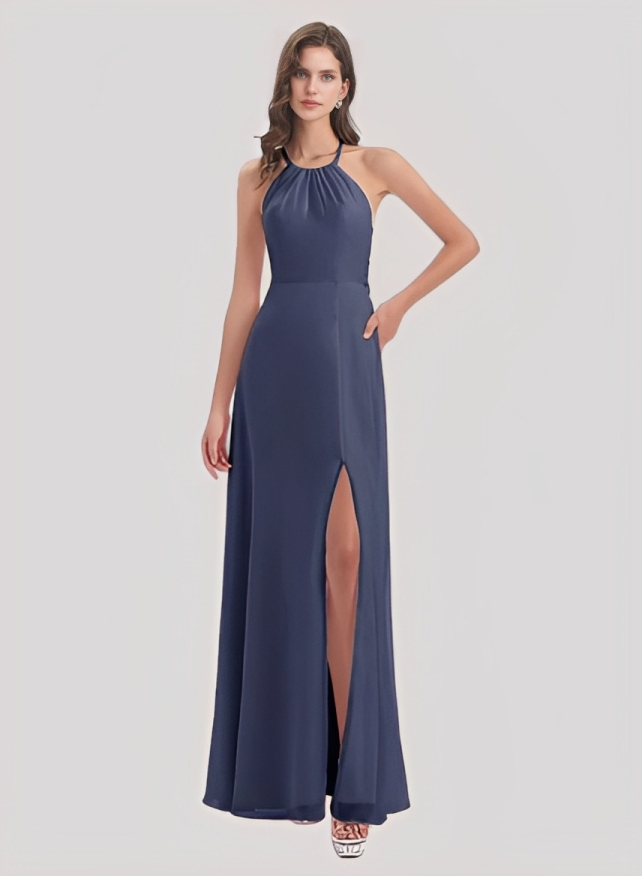 A-Line Halter Sleeveless Chiffon Floor-Length Bridesmaid Dress With Split Front