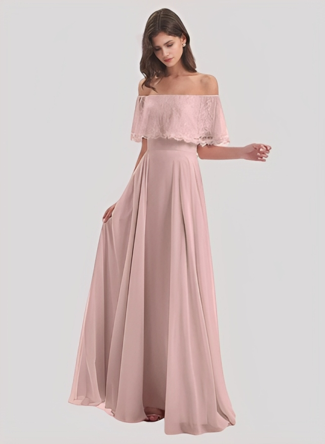 A-Line Off-the-Shoulder Short sleeves Chiffon Floor-Length Bridesmaid Dress With Lace Pleated