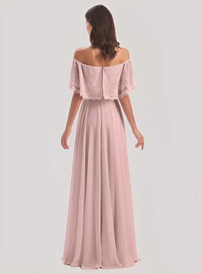A-Line Off-the-Shoulder Short sleeves Chiffon Floor-Length Bridesmaid Dress With Lace Pleated