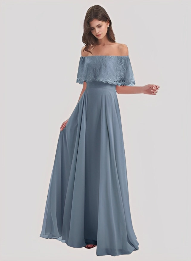 A-Line Off-the-Shoulder Short sleeves Chiffon Floor-Length Bridesmaid Dress With Lace Pleated