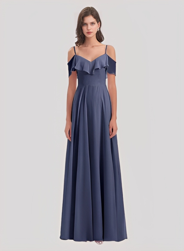 A-Line Short sleeves Off-the-Shoulder Chiffon Floor-Length Bridesmaid Dress With Ruffle