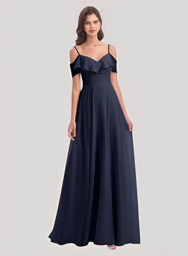 A-Line Short sleeves Off-the-Shoulder Chiffon Floor-Length Bridesmaid Dress With Ruffle