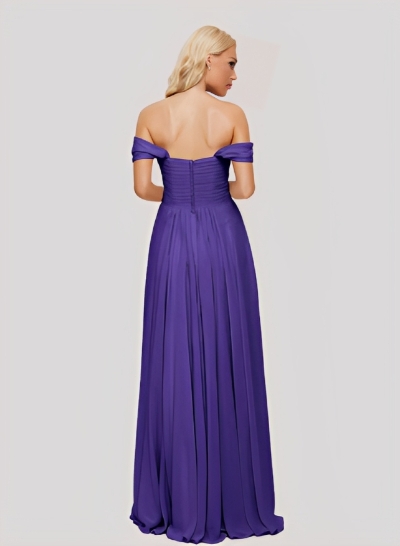 A-Line Off-the-Shoulder Short sleeves Chiffon Floor-Length Bridesmaid Dress With Pleated