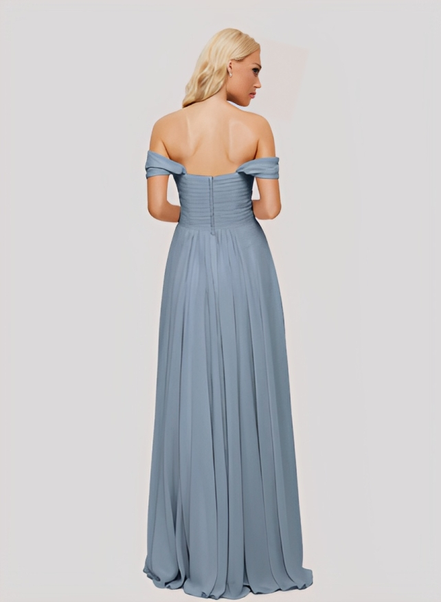 A-Line Off-the-Shoulder Short sleeves Chiffon Floor-Length Bridesmaid Dress With Pleated
