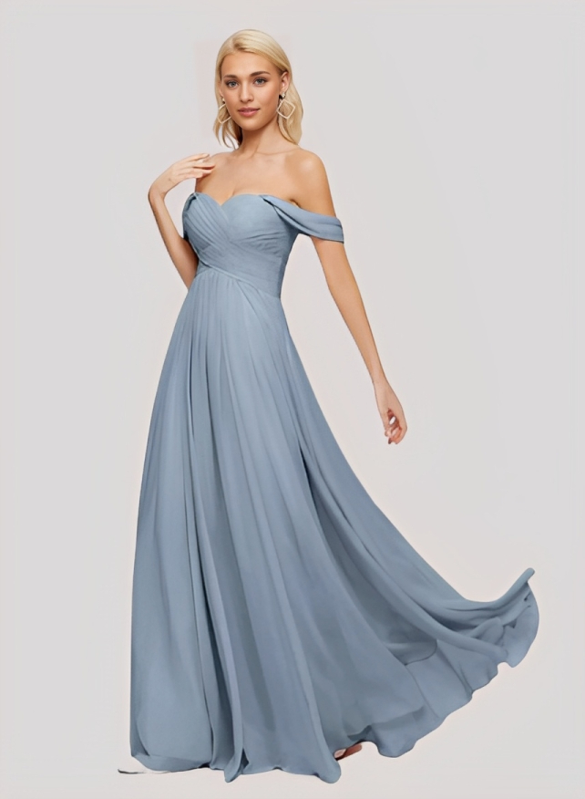 A-Line Off-the-Shoulder Short sleeves Chiffon Floor-Length Bridesmaid Dress With Pleated